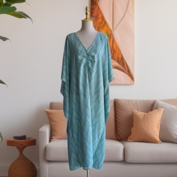 0109/ Pale Teal Leaf Pattern Kaftan, Long Kaftan - Picture 10 of 14